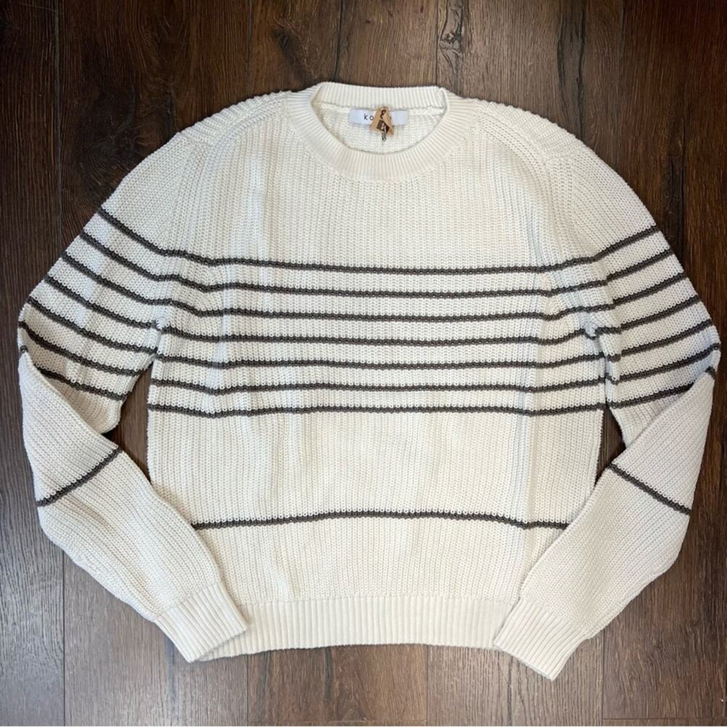 Kokun Cotton Cream Striped Crewneck Sweater SZ MED