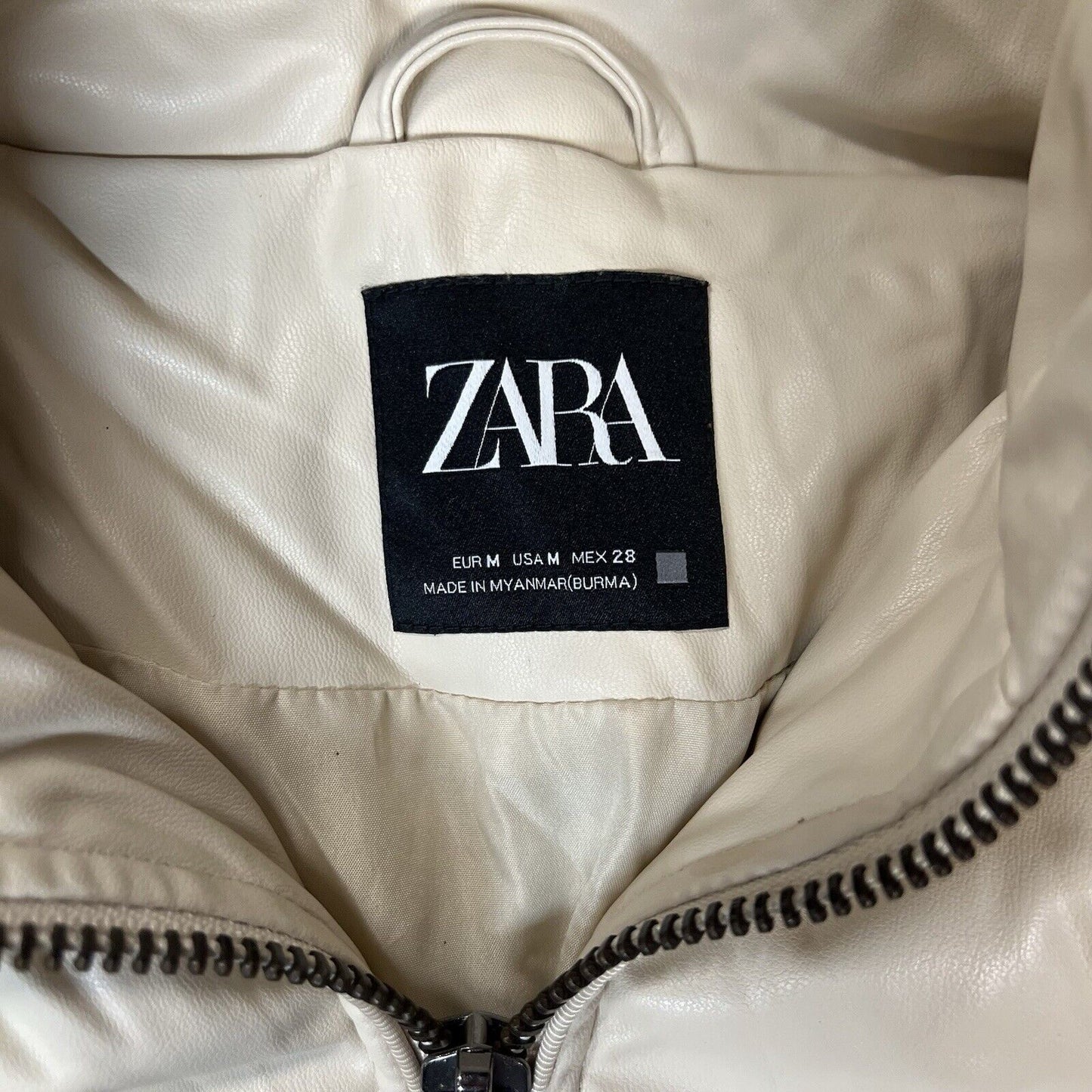 Zara Cream faux leather Puffer Jacket Size Med