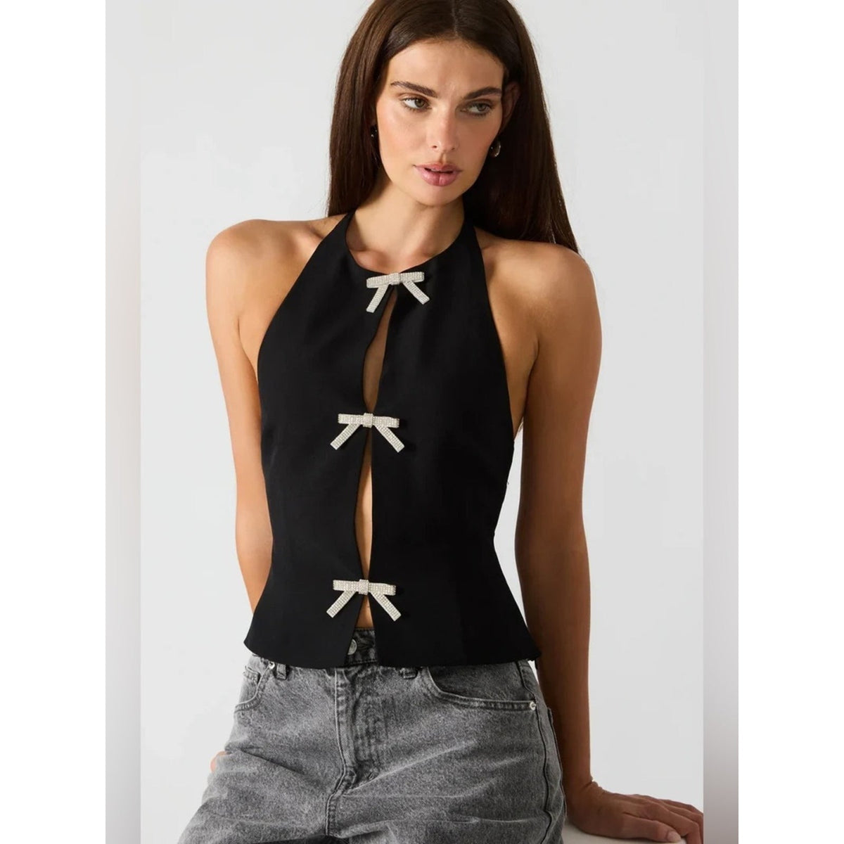 🆕 Steve Madden Juvia Black Halter Bow-Trim Tank Top SZ 2