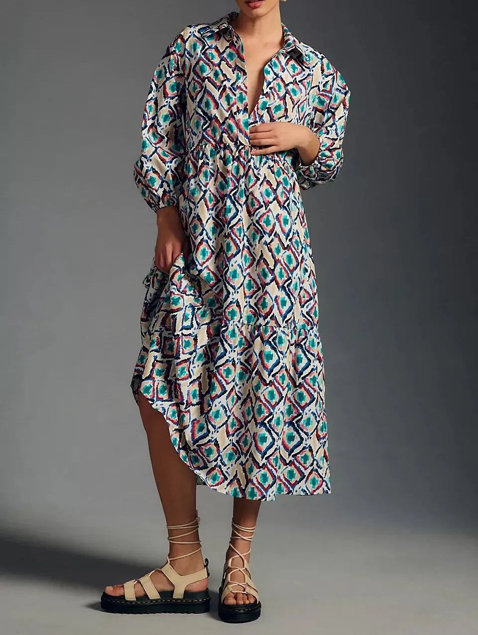 🆕 Anthropologie The Bettina Tiered Midi Maxi Shirt Dress Beige Multi Combo SZ SM