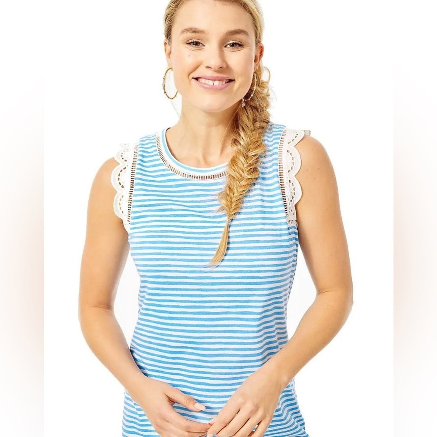 Lilly Pulitzer Zanzibar Blue White Lace Beach Happy Stripe Agee Dress SZ MED