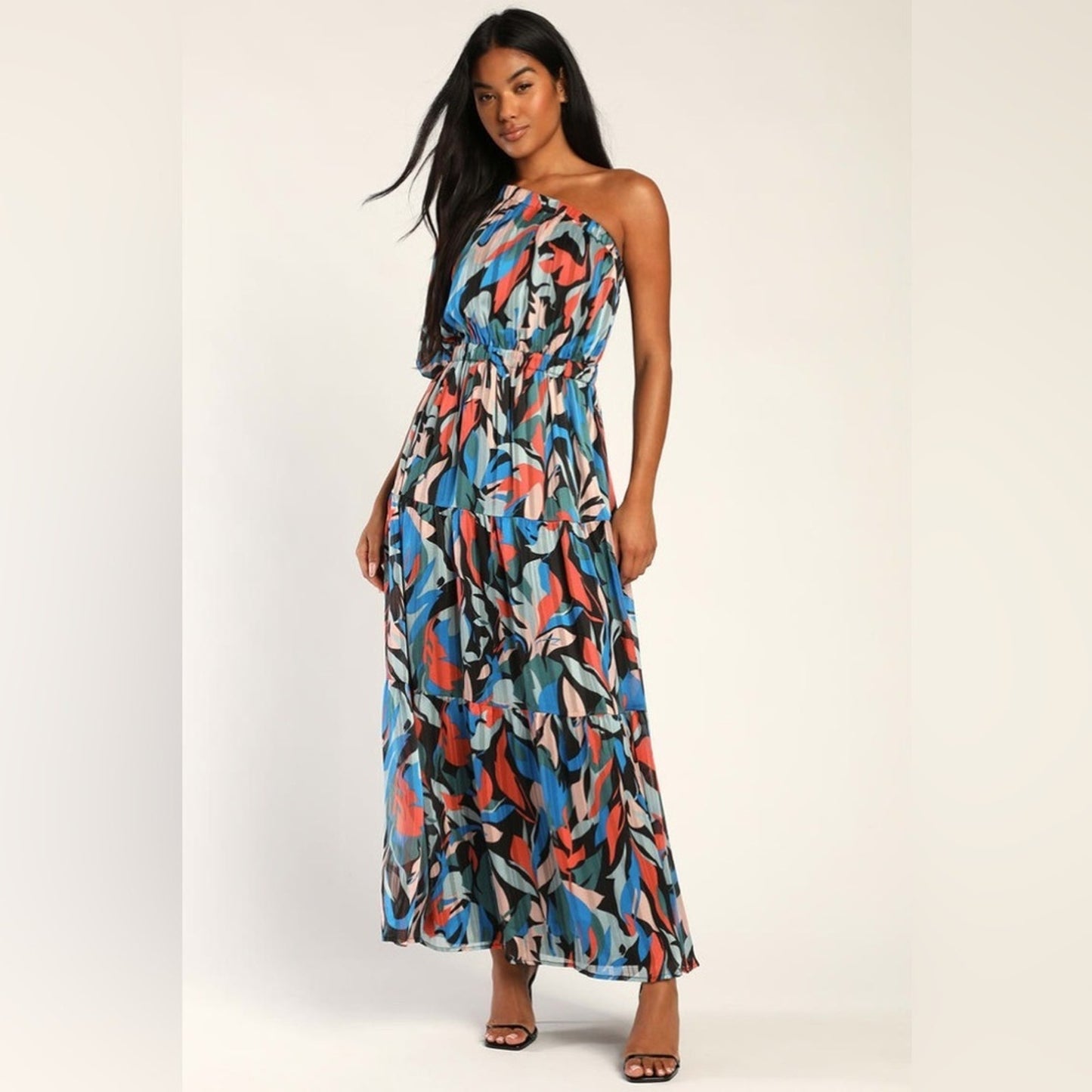 Lulu’s Essence of Enchantment Black Multi Lurex One Shoulder Maxi Dress SZ SM
