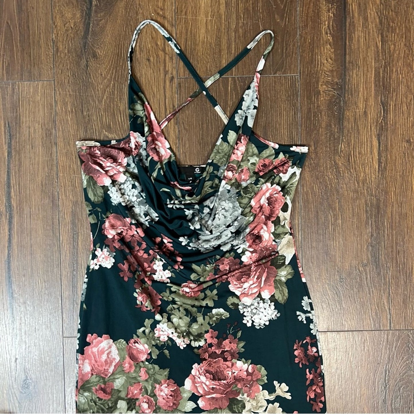 Guess green floral front swag midi dress SZ LG