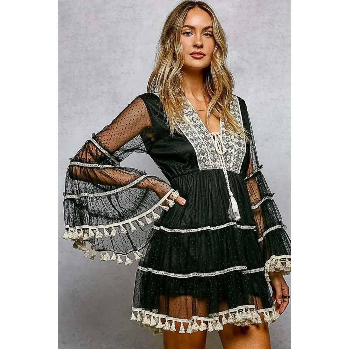 🆕 POL Fringe & Tassel Embroidered Mini Flare Dress SZ LG