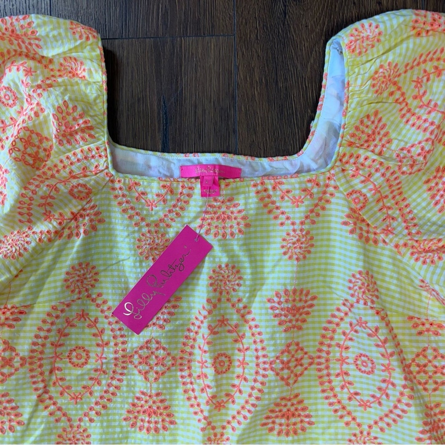 🆕 Lilly Pulitzer Lettie Eyelet calla yellow gingham seersucker Top SZ LG