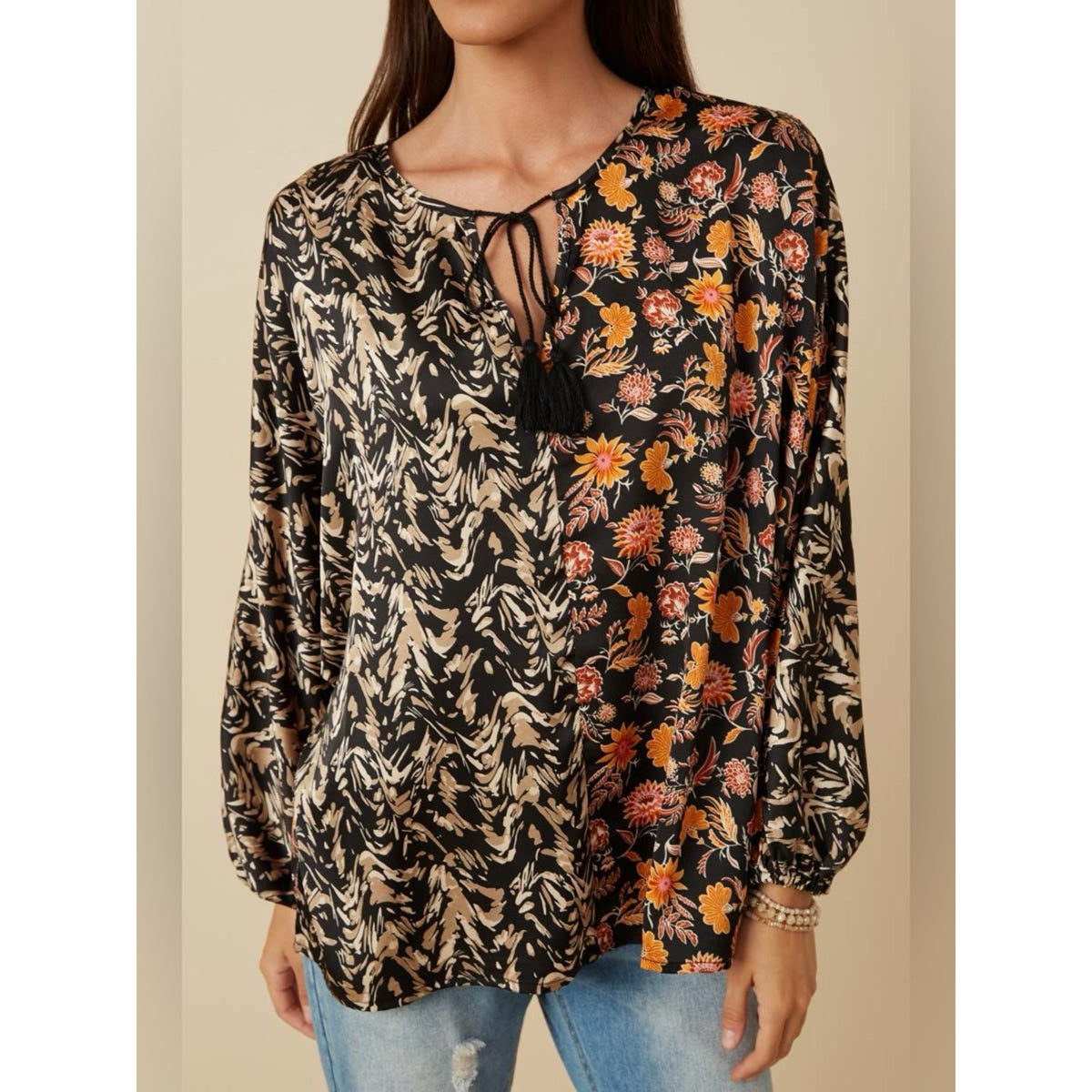 🆕 Hayden Mixed-Print Black Floral Tie-Neck Blouse SZ LG