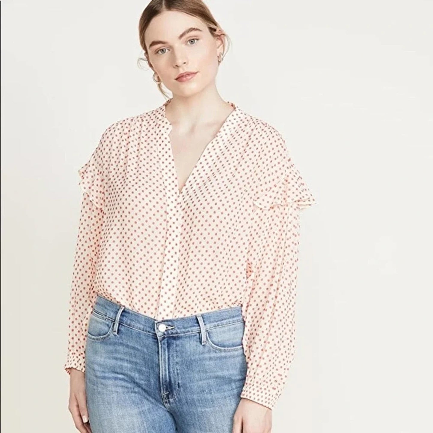 Derek Lam 10 Crosby Kaene Red & Cream Polka Dot Ruffle Blouse SZ 6
