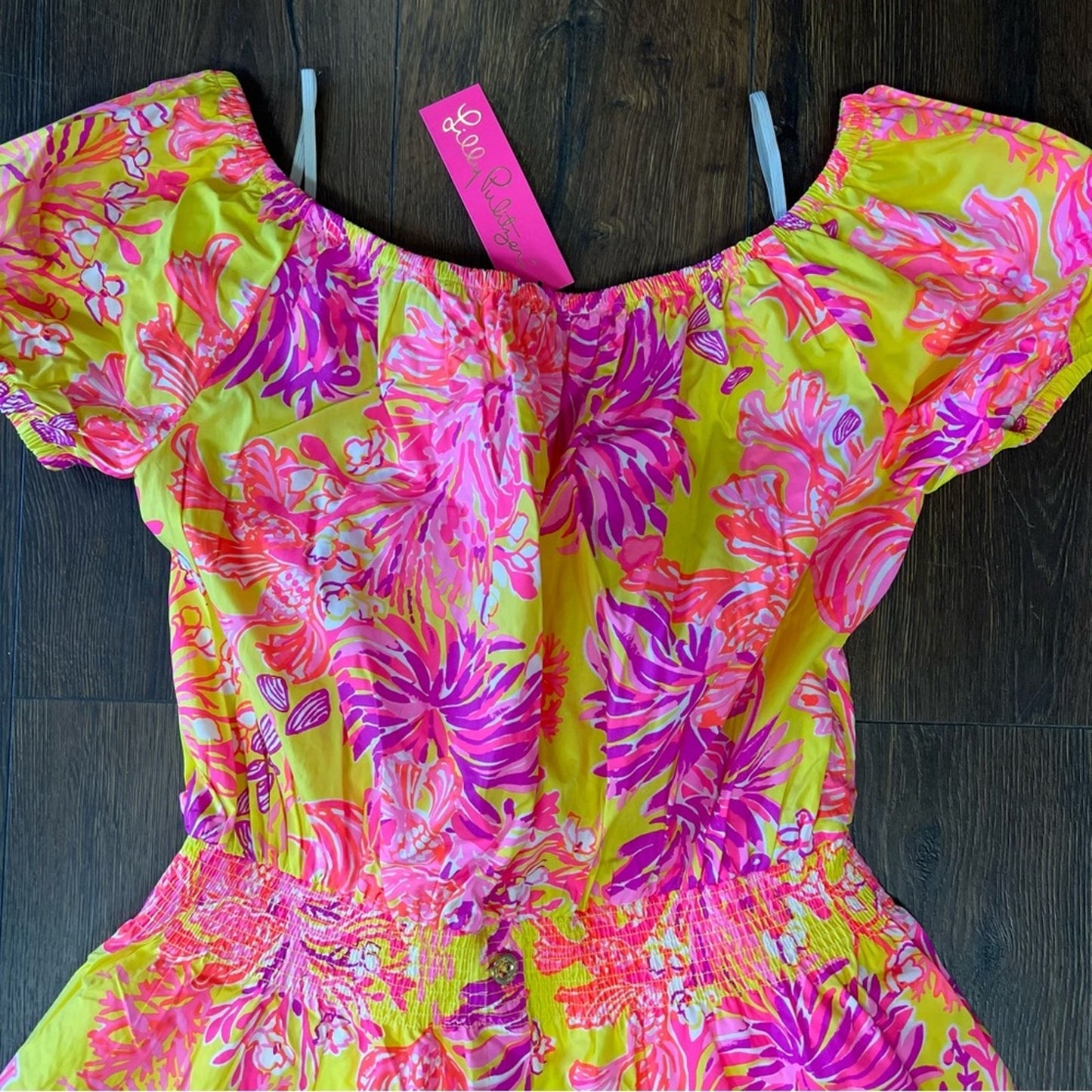 🆕 Lilly Pulitzer Jesiba Off-The-Shoulder Romper Calla Yellow Floral Coral SZ LG