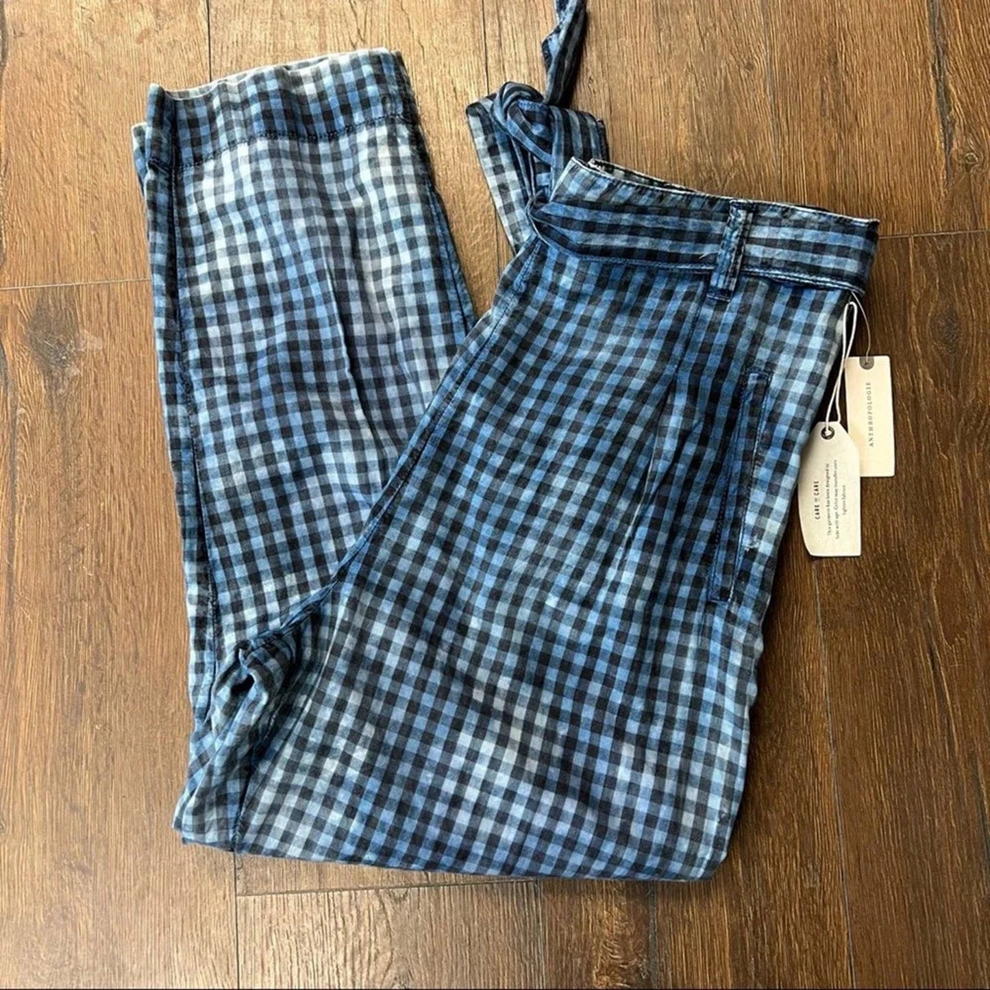 NEW ANTHRO MAEVE gingham picnic bleached slim bow waist pants Size 10