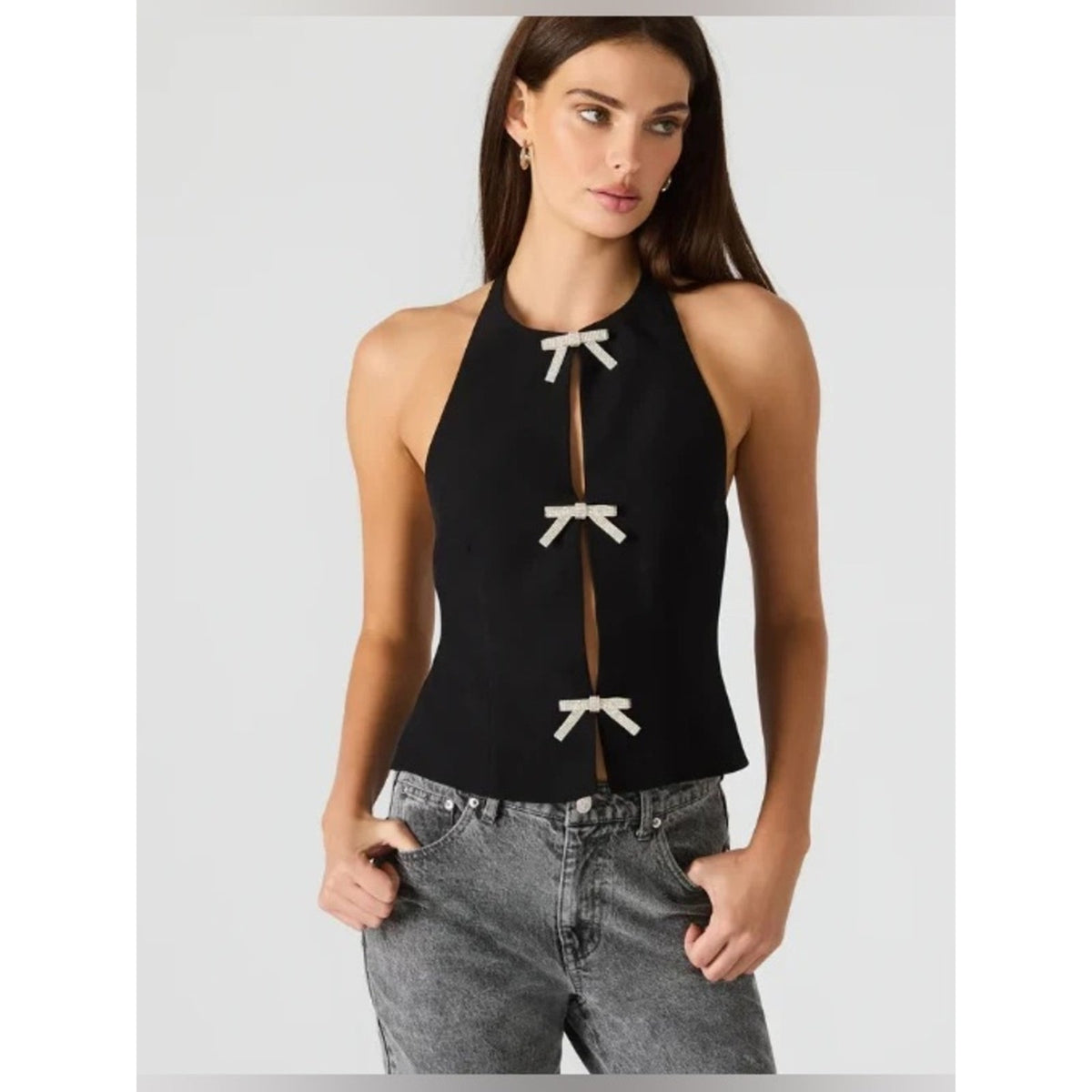🆕 Steve Madden Juvia Black Halter Bow-Trim Tank Top SZ 4