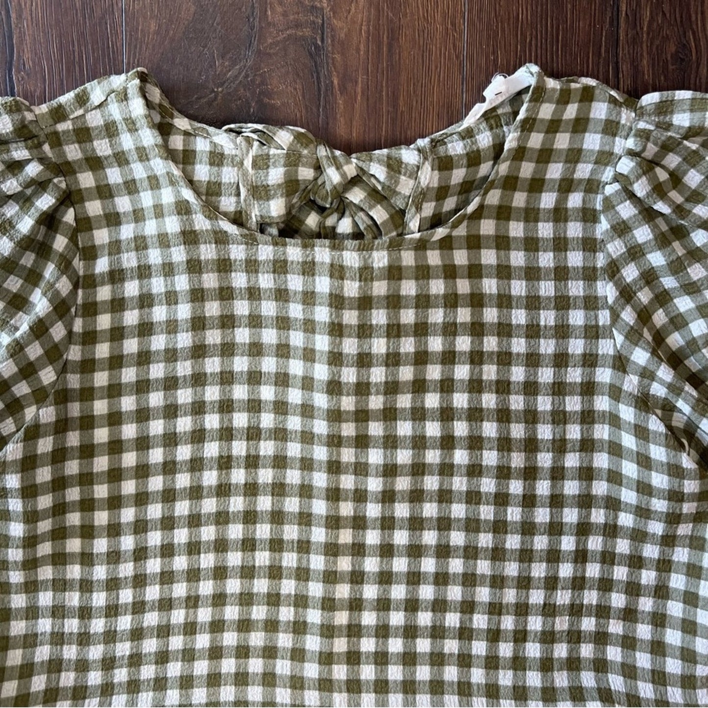 MINE Work For You Olive Green Gingham Top SZ SM