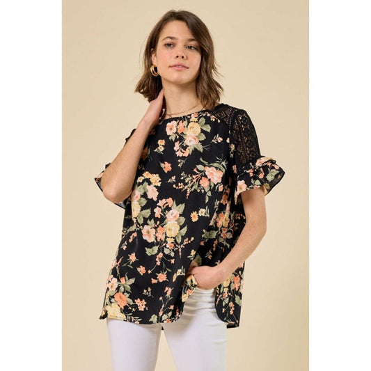🆕 Faded Floral black floral ruffle sleeve top 
SZ SM