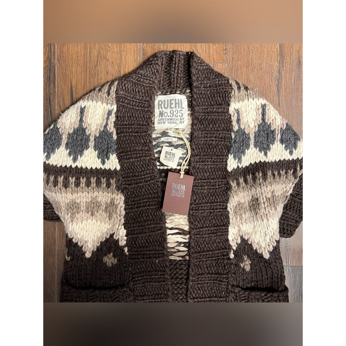 🆕 Ruehl No.925 Y2K Hand Knit Wool Brown/Cream Open-Front Cardigan SZ XS/S
