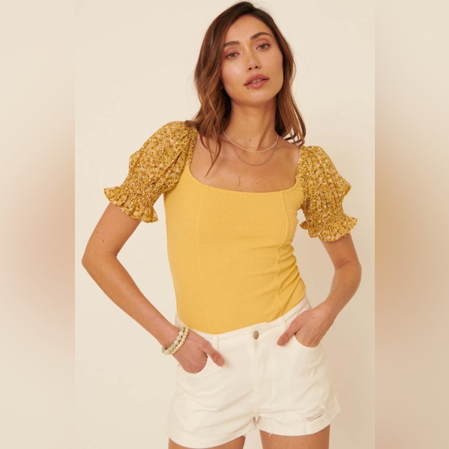 🆕 Faded Floral Promesa Every Breath Floral Puff-Sleeve Bodysuit SZ SM