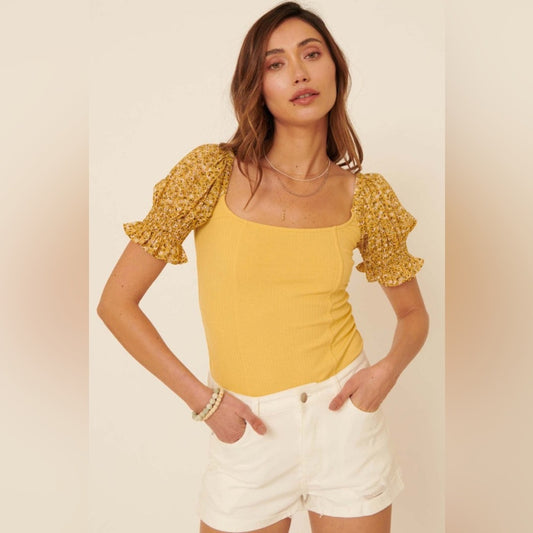 🆕 Faded Floral Promesa Every Breath Floral Puff-Sleeve Bodysuit SZ SM
