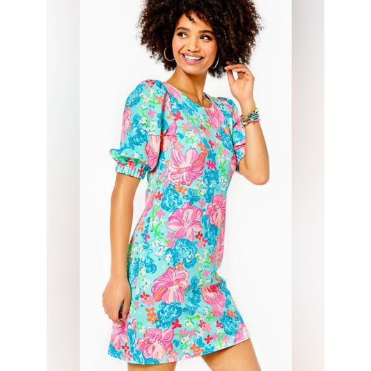 🆕 Lilly Pulitzer Cayce Surf Blue Luscious Lions Puff Sleeve Dress NWT SZ MED