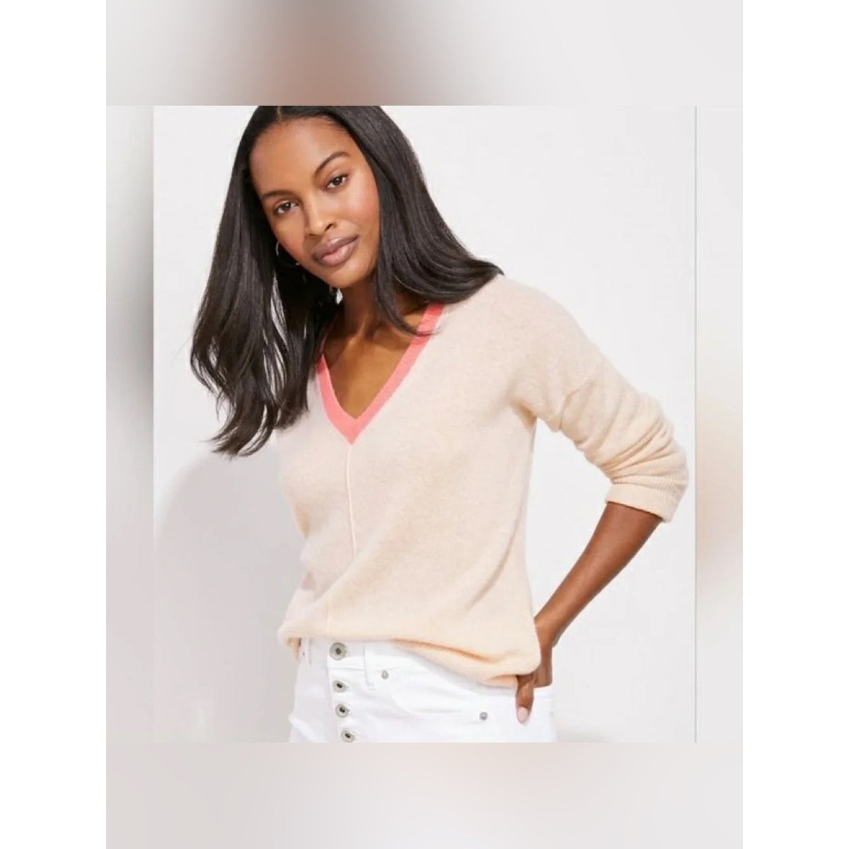 Vineyard Vines Seaspun Cashmere V Neck Cream/Blue Sweater SZ SM