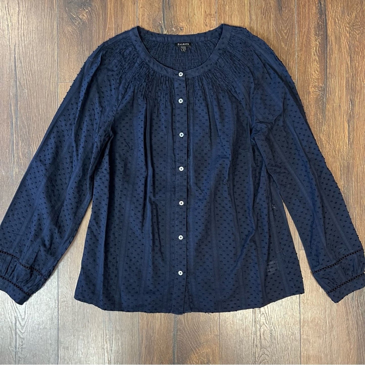 Talbots swiss dot smock neck top SZ MED