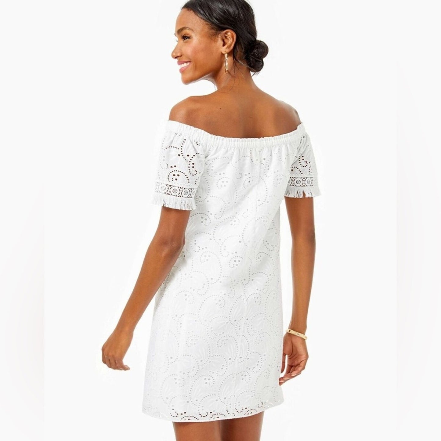 Lilly Pulitzer Shanelle Resort White Swirl Eyelet Off Shoulder Sash SZ MED