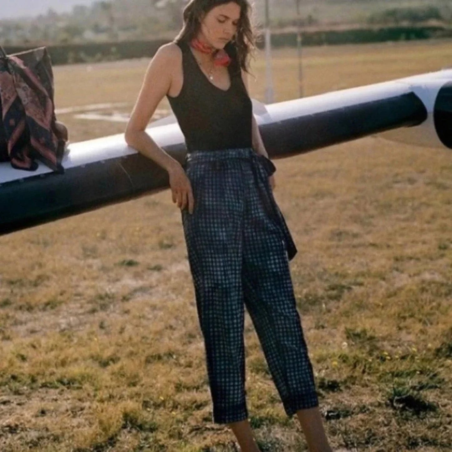 NEW ANTHRO MAEVE gingham picnic bleached slim bow waist pants Size 10