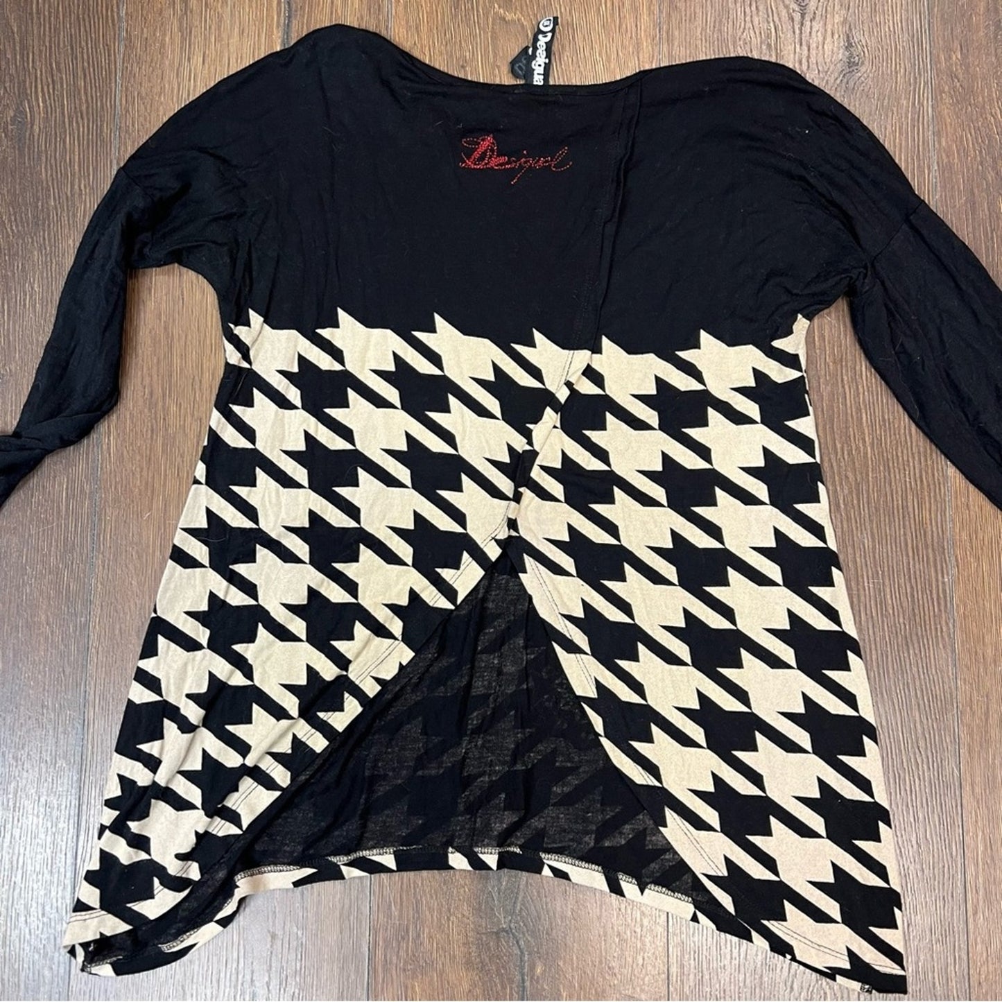 Desigual Black and Cream Herringbone Open Back Blouse SZ XS