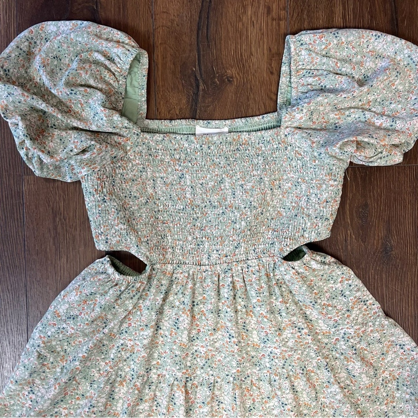 HEYSON Sage Ditsy Floral Square Neck Mini Dress SZ LG
