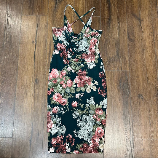 Guess green floral front swag midi dress SZ LG