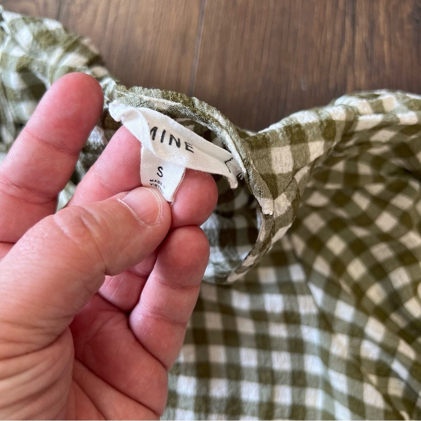 MINE Work For You Olive Green Gingham Top SZ SM