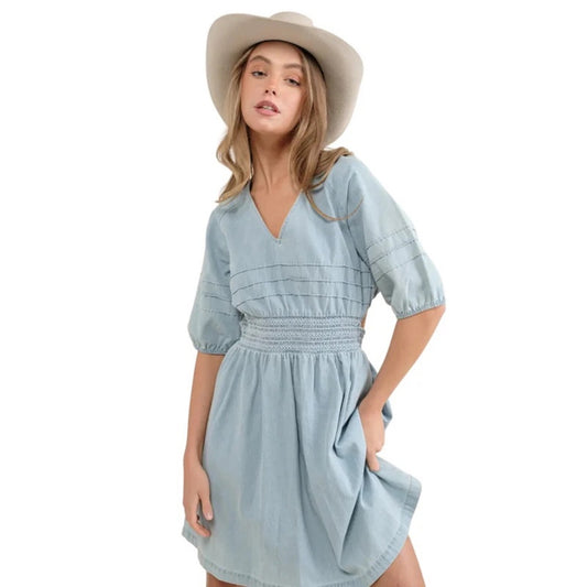 Blue B Collection smocked waist open back denim dress SZ MED