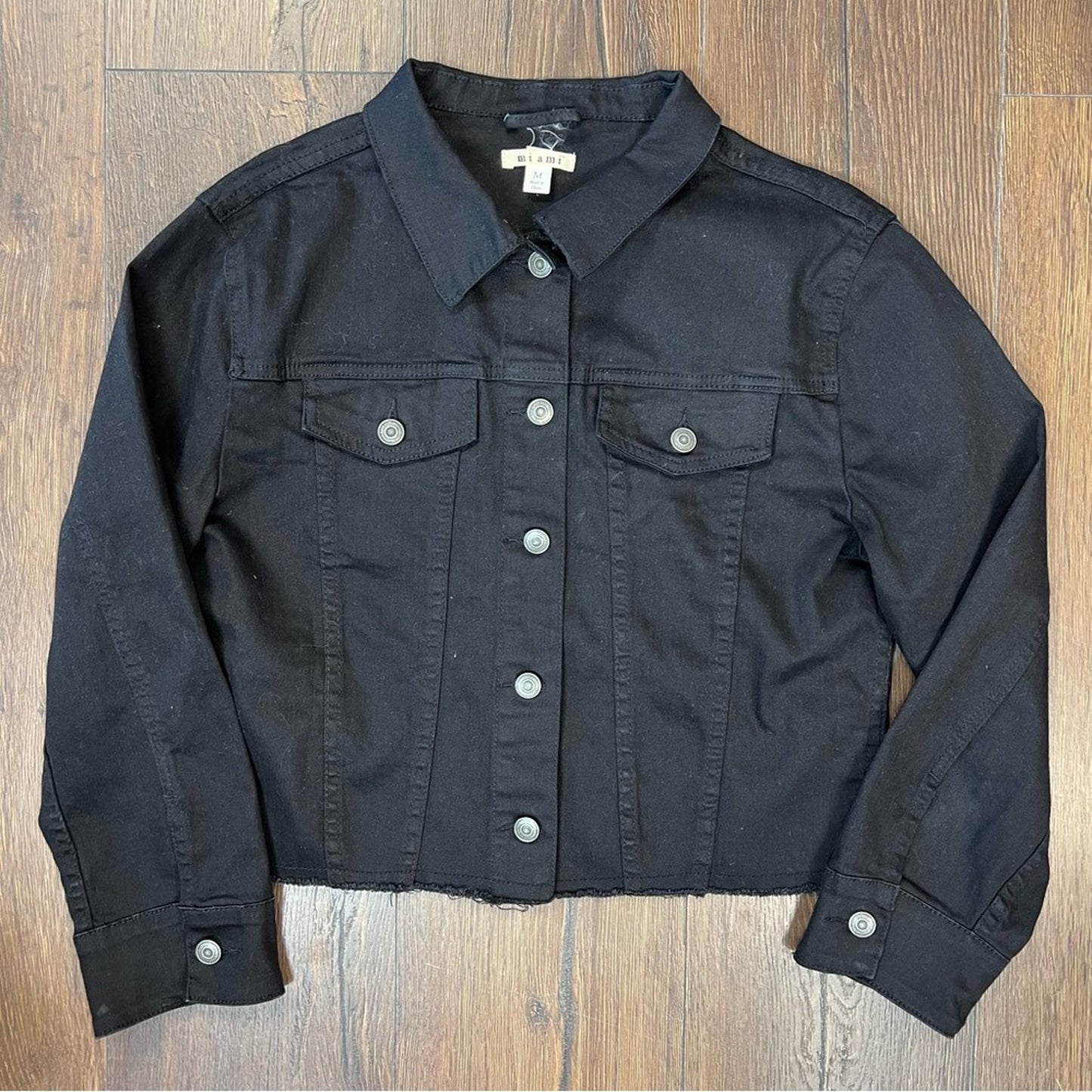 Miami black denim jean jacket with raw hem SZ MED