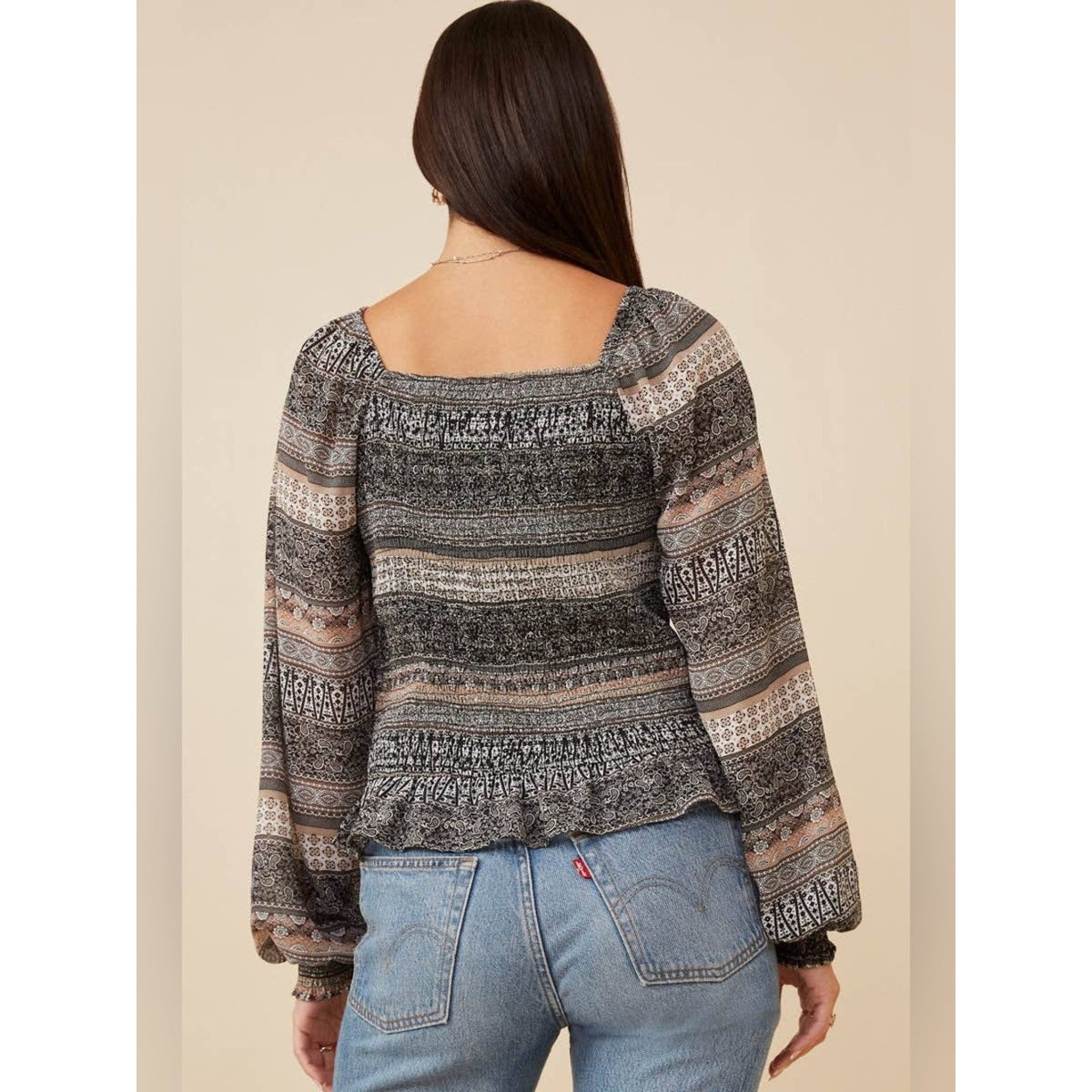 🆕 Hayden Smocked Square-Neck Peasant Top-Black/Cream SZ LG
