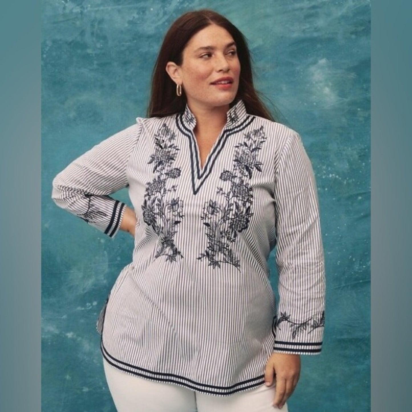 Chico’s Poplin Embroidered Stripe Tunic SZ 2/LG