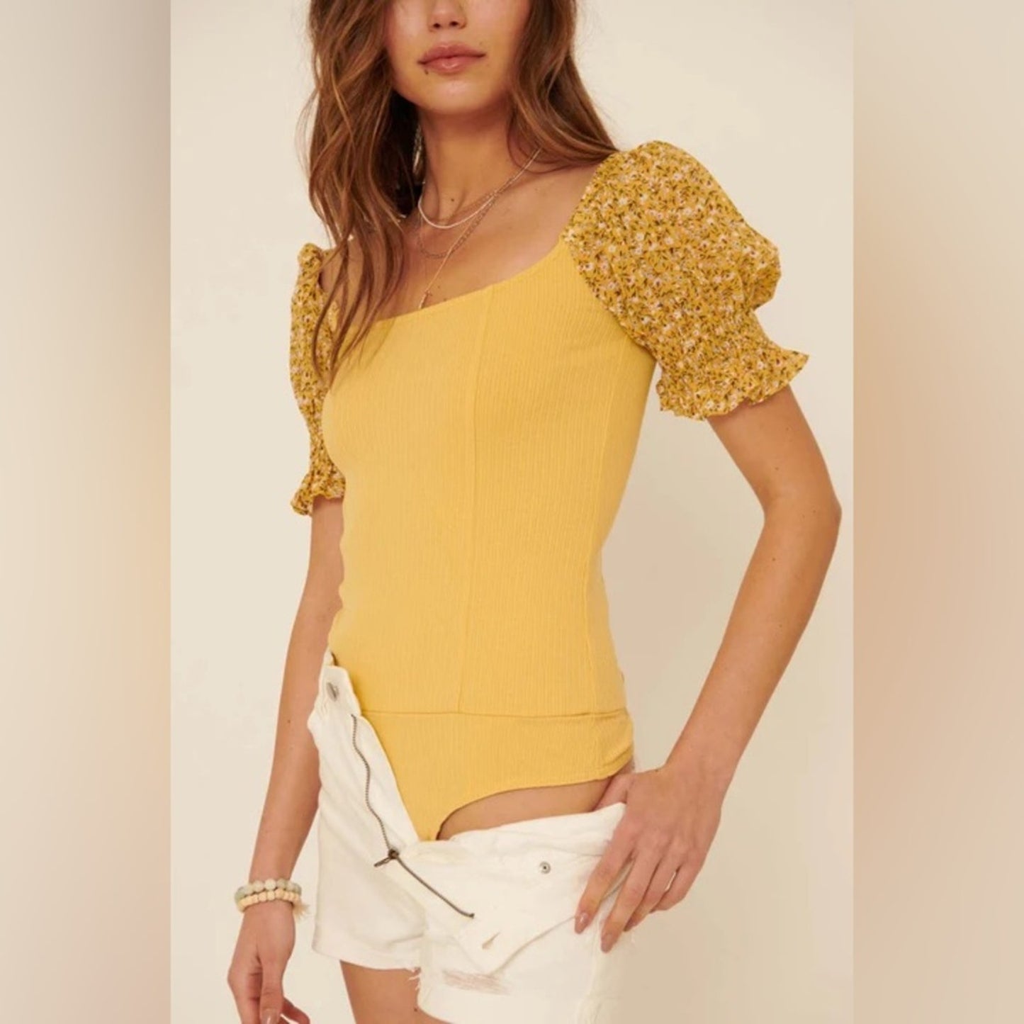 🆕 Faded Floral Promesa Every Breath Floral Puff-Sleeve Bodysuit SZ SM