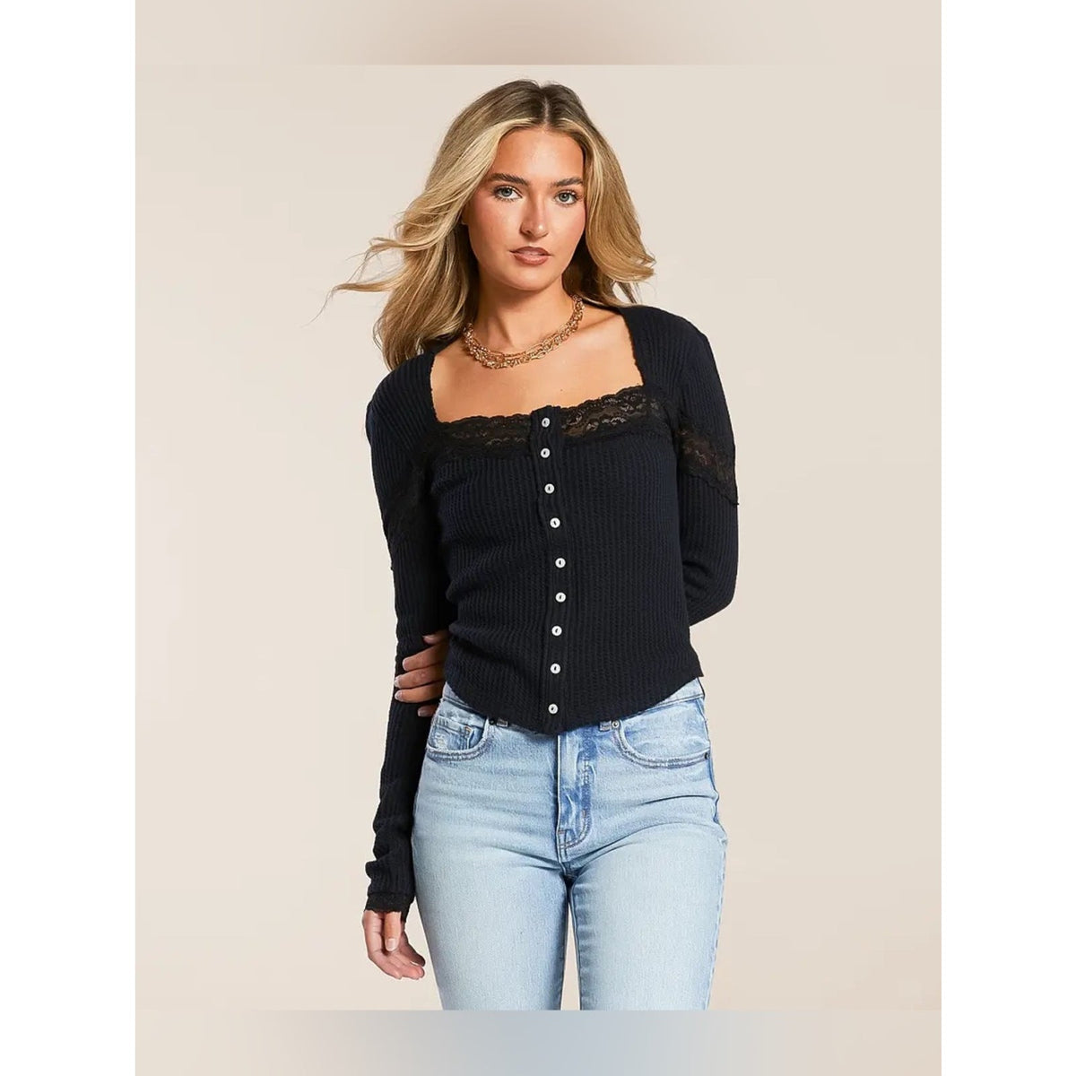 🆕 Free People Black Lace-Trim Ribbed Button-Front Cardigan SZ MD