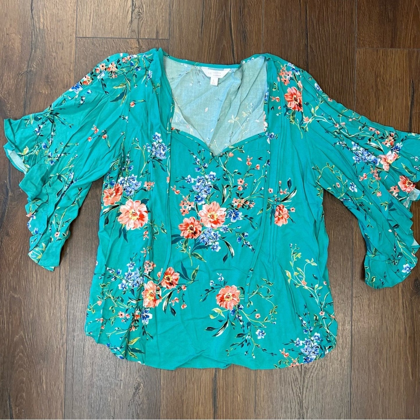 LC Lauren Conrad teal floral blouse SZ LG