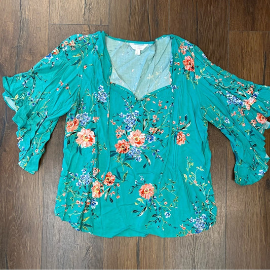 LC Lauren Conrad teal floral blouse SZ LG