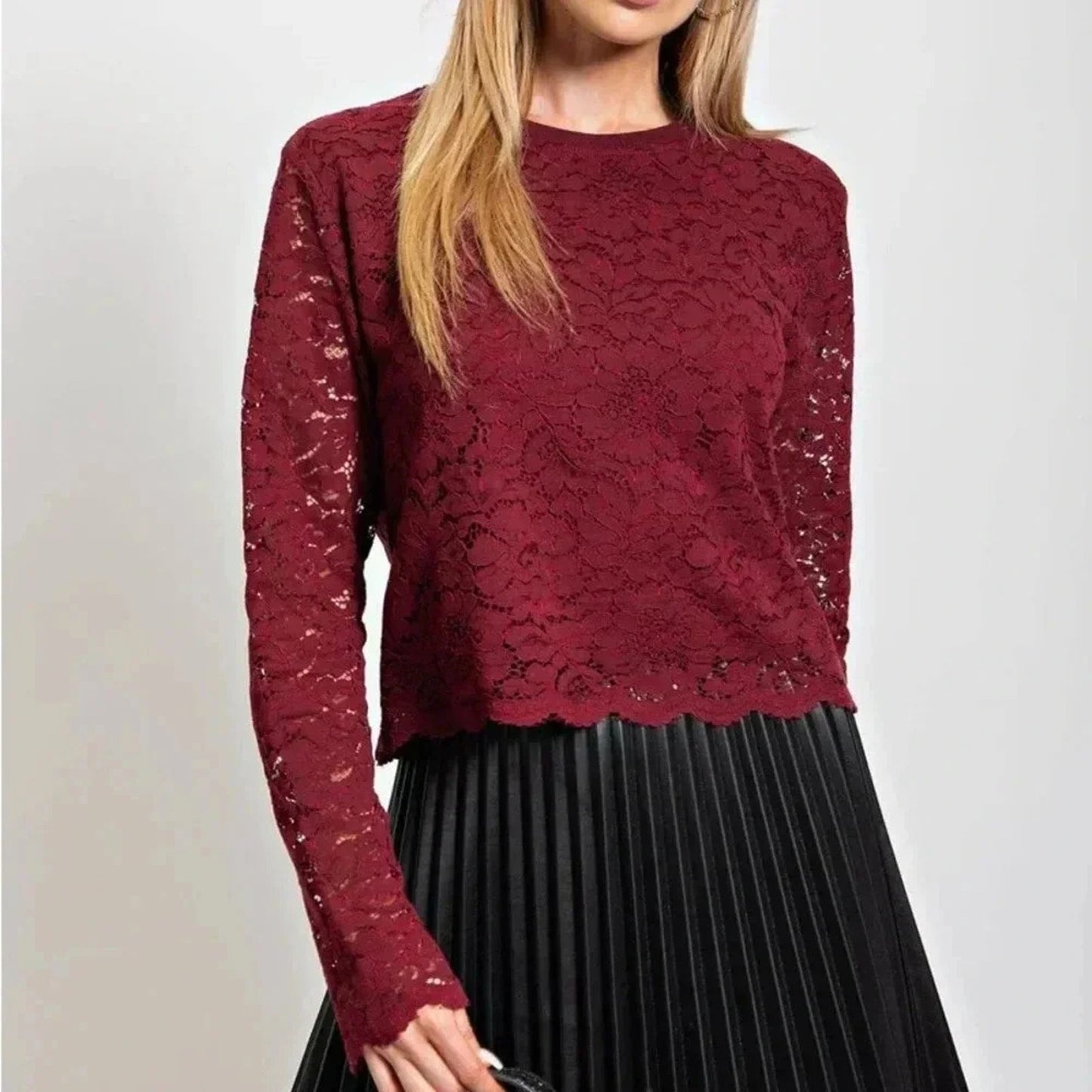 KORI burgundy lace cropped top SZ LG