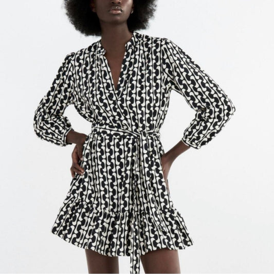 ZARA The Paula Dress, Black/White Geometric Print SZ SM
