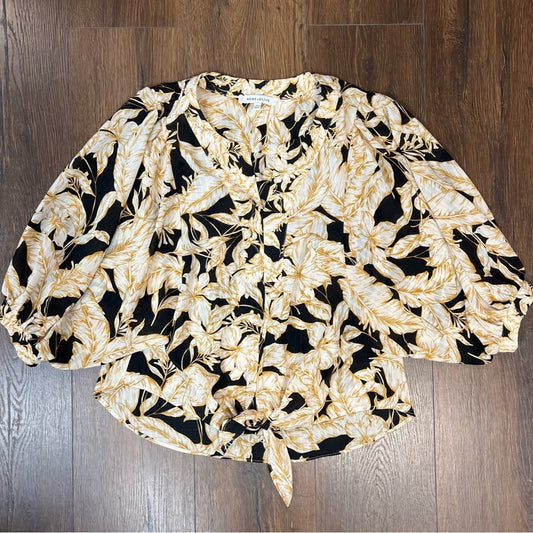 Rose + Olive tropical leaf blouse SZ SM