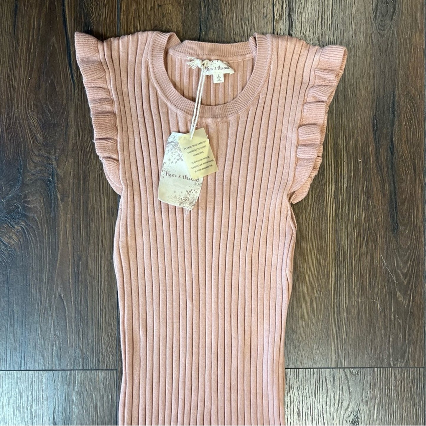 🆕 Hem and Thread Sleeveless Frill Side Ribbed Midi Dress Dusty Mauve SZ LG