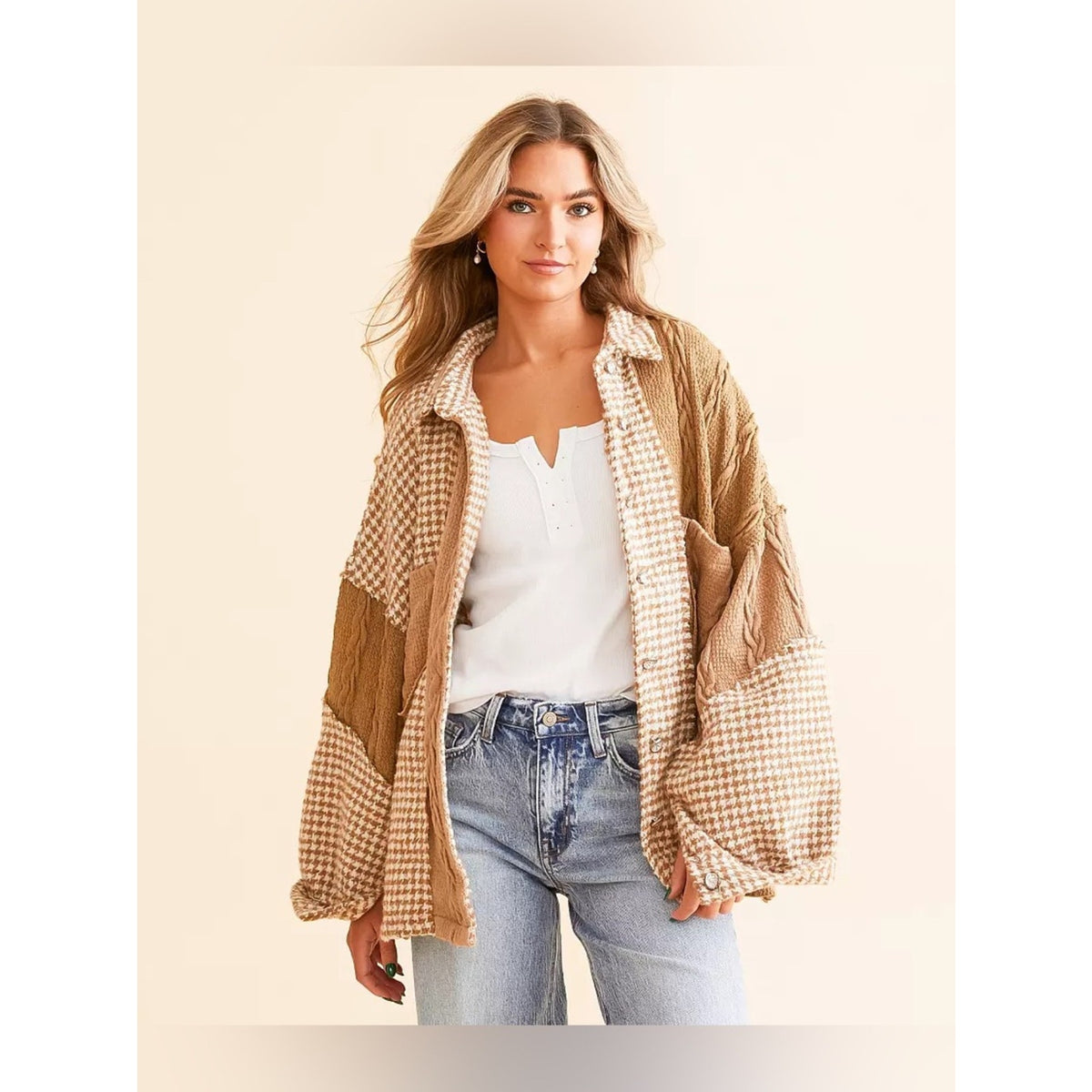 🆕 POL Oversized Pieced Gingham Patchwork Knit Jacket SZ SM