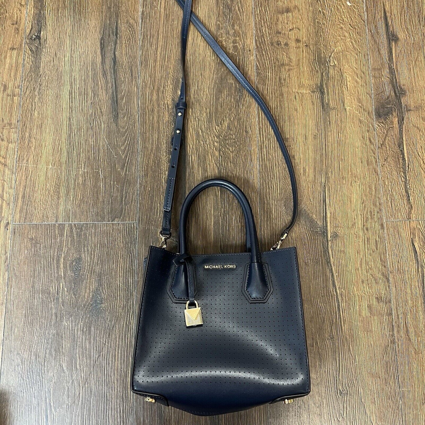 Michael Kors Mercer Perforated Leather Crossbody Bag-Navy