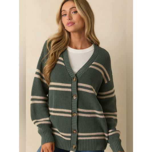 🆕 Z Supply Boyfriend Striped Cardigan In Green Cotton NWT SZ XS