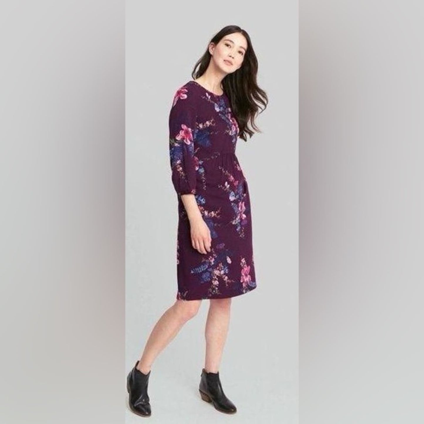 Joules Purple Alison Floral Long Sleeves Midi Dress SZ 8