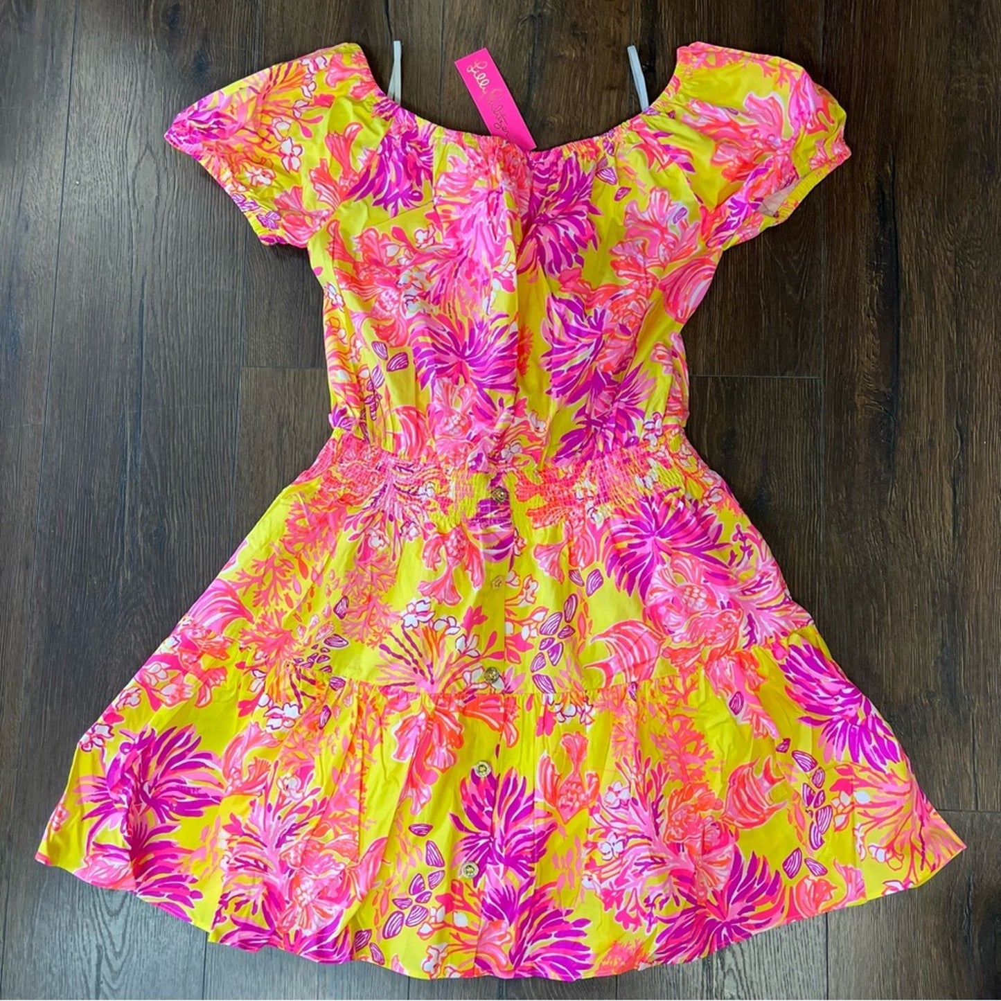 🆕 Lilly Pulitzer Jesiba Off-The-Shoulder Romper Calla Yellow Floral Coral SZ LG