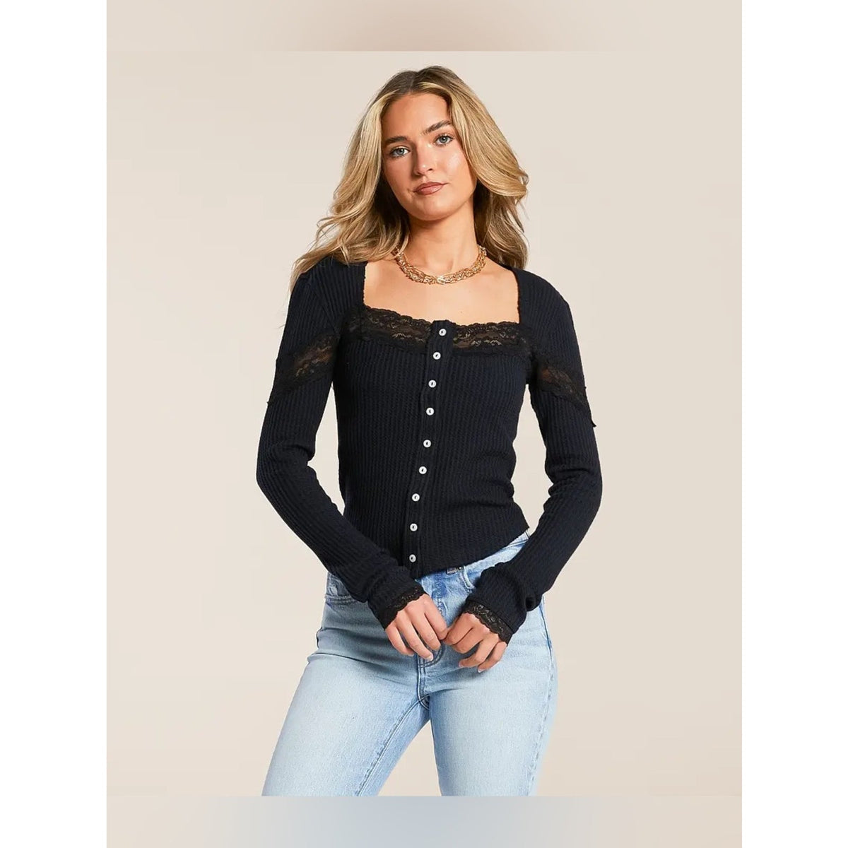 🆕 Free People Black Lace-Trim Ribbed Button-Front Cardigan SZ MD