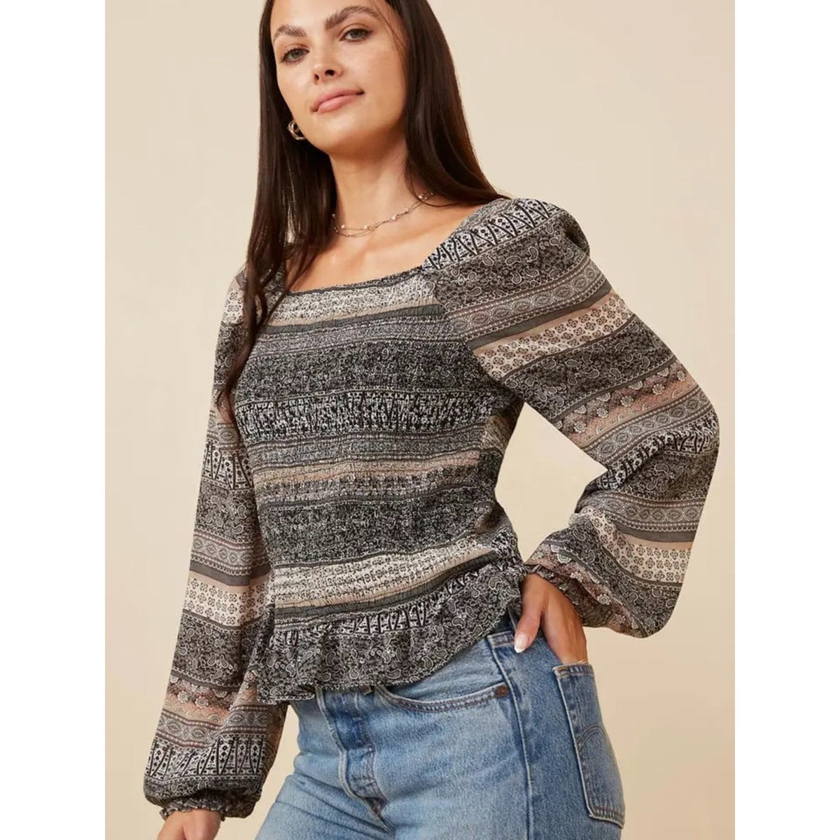 🆕 Hayden Smocked Square-Neck Peasant Top-Black/Cream SZ LG
