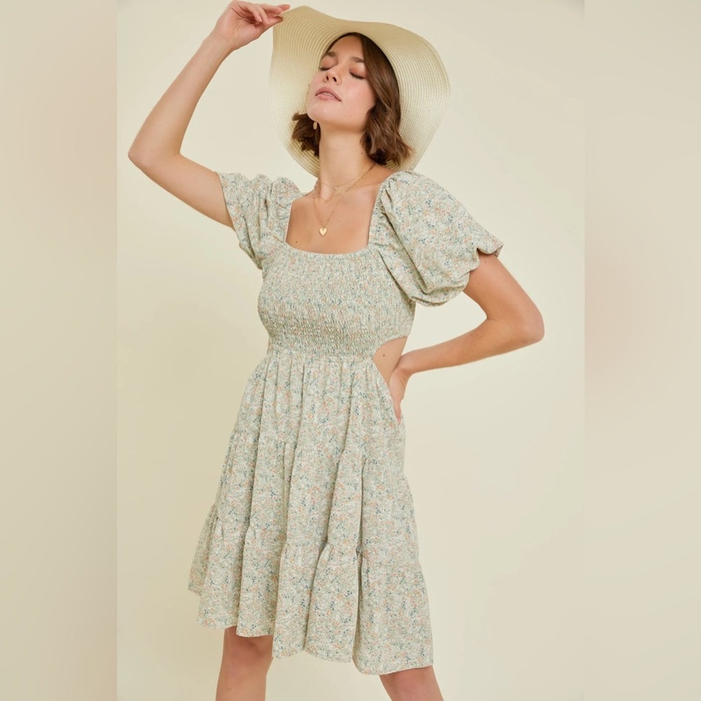 HEYSON Sage Ditsy Floral Square Neck Mini Dress SZ LG