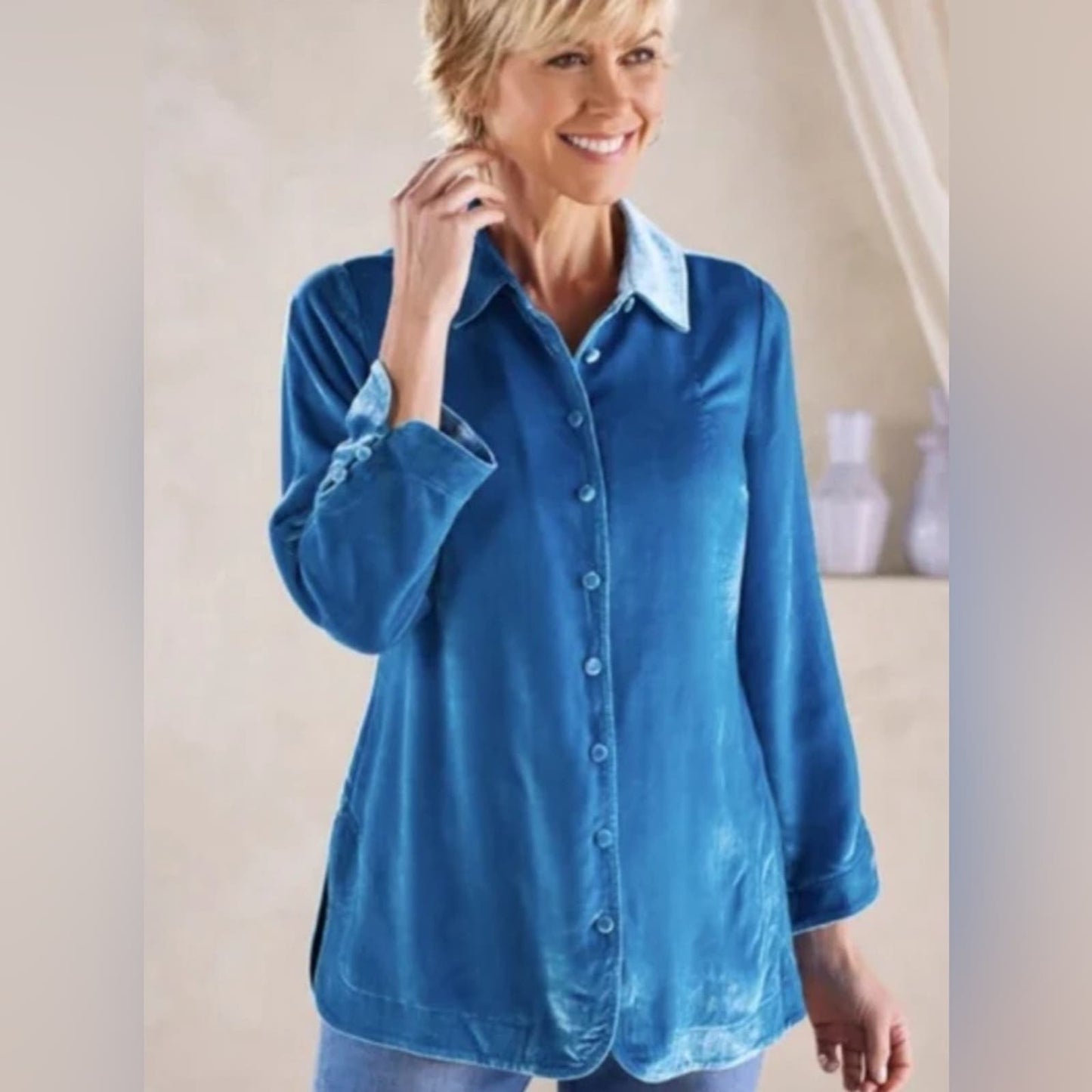 🆕 Soft Surroundings blue velvet poets button down shirt SZ LG