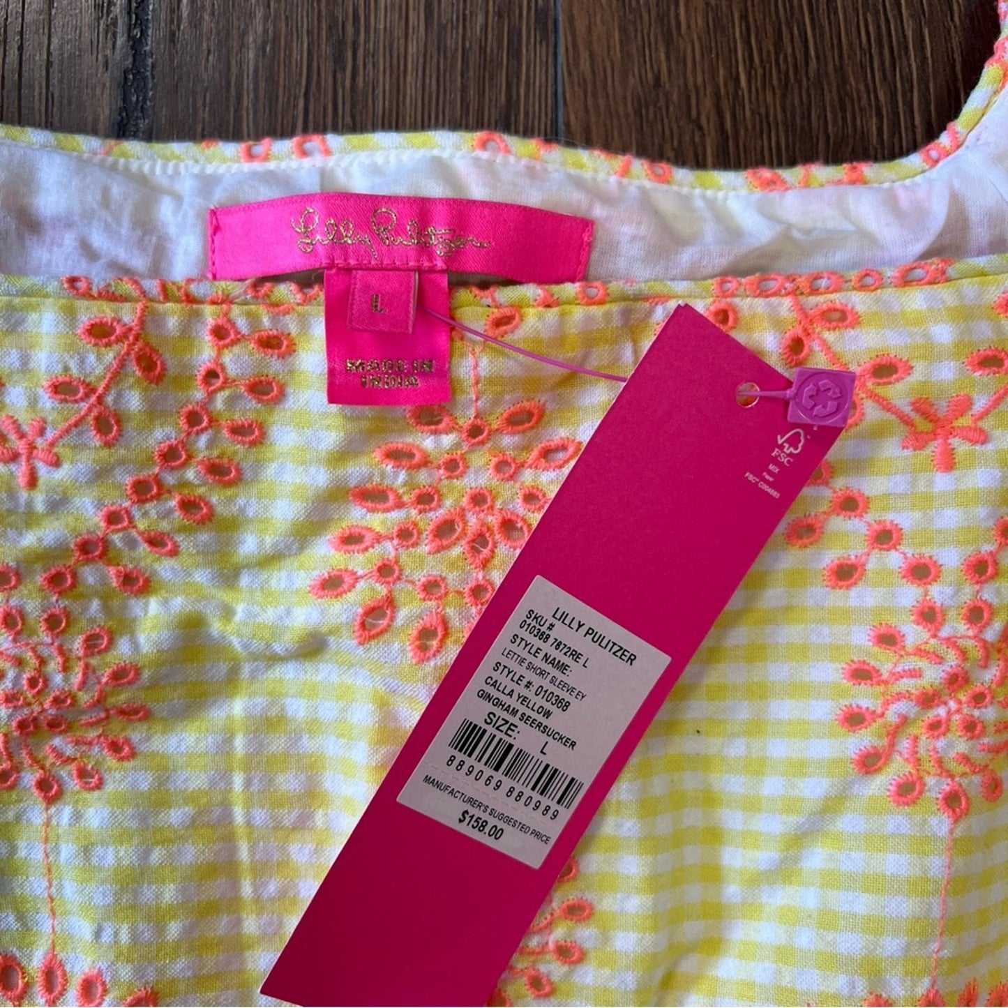 🆕 Lilly Pulitzer Lettie Eyelet calla yellow gingham seersucker Top SZ LG